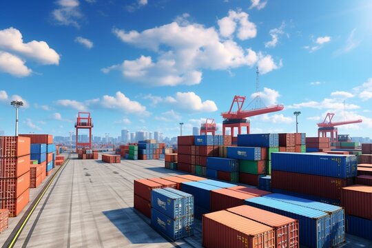 Sea port with stacked cargo containers under blue skies in 3D visualization. Generative AI