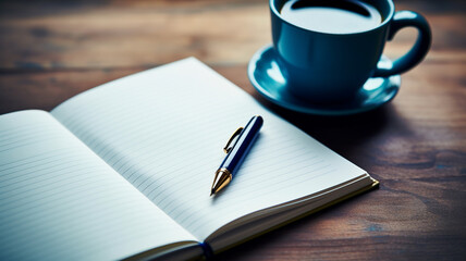 coffee cup and notebook on table