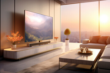 A modern living room with a sleek flat screen TV