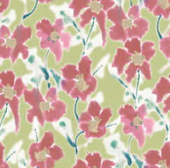 Blurry fuzzy floral seamless repeat pattern. Color blurred abstract flowers in trendy style. Backdrop for fabric