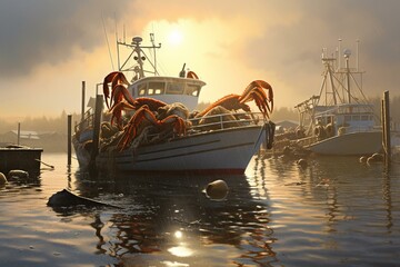 Fishing for crabs in Half Moon Bay, CA commenced on Dec 31, with boats transporting dungeness crab. Generative AI - obrazy, fototapety, plakaty