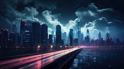 Fototapeta premium Dark modern cityscape with high-rise buildings, city lights