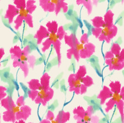 Fototapeta na wymiar Blurry fuzzy floral seamless repeat pattern. Color blurred abstract flowers in trendy style. Backdrop for fabric