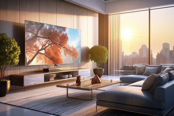 Luxurious, cozy living room with elegant decor, modern furniture, and sunset view.