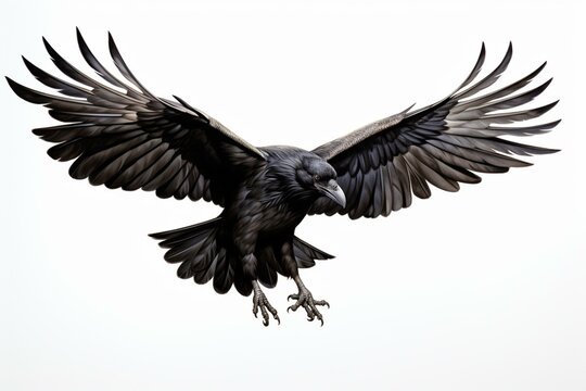 Illustration of a flying raven bird against a white background. Generative AI