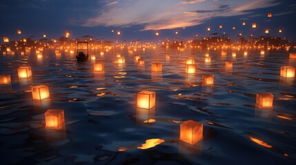 Lanterns floating on the water in the night sky. AI generated Image