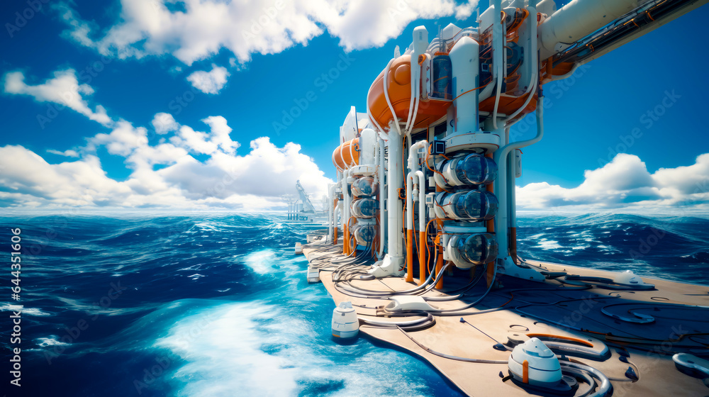 Poster computer generated image of ship in the ocean with lot of pipes.