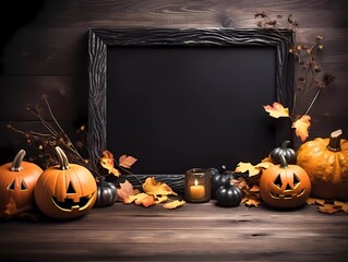 Autumn Halloween decorations signboard background. Pumpkins and autumn orange leafs on a dark background. Autumn Holiday Halloween. Generative AI