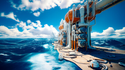 Computer generated image of ship in the ocean with lot of pipes.