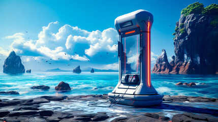 Futuristic device floating on top of body of water next to rocky shore.