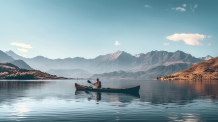 Man in a canoe on the lake with Mount. AI generated Image