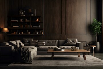 3D representation of a living room with a dark interior background. Generative AI