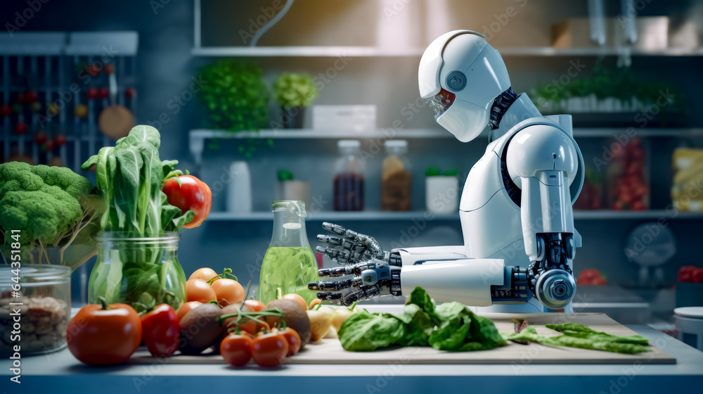 Aufkleber robot that is sitting in front of table full of vegetables and fruit.