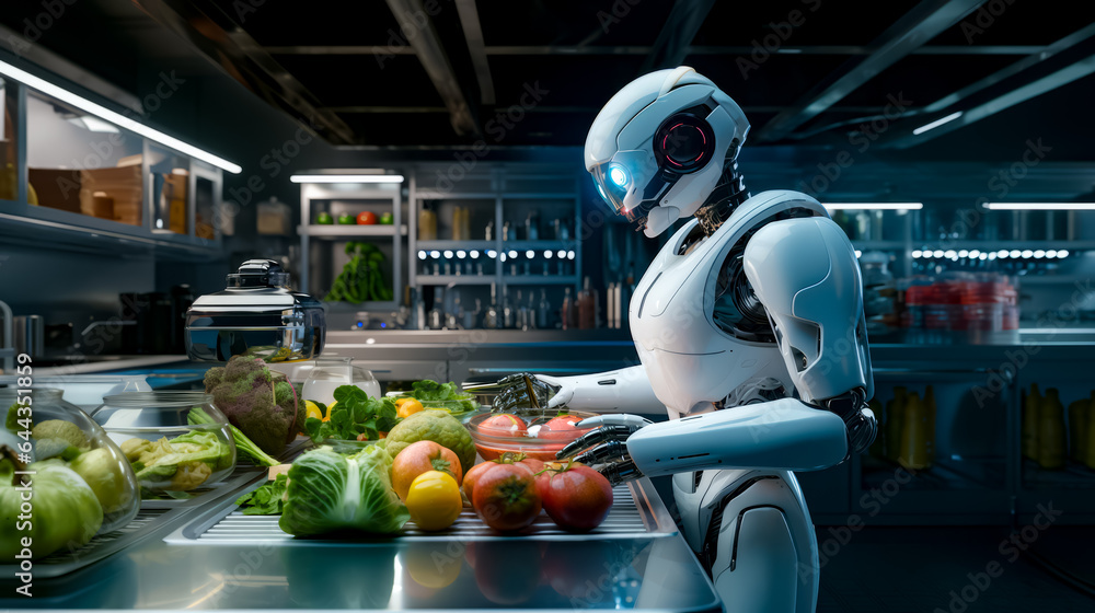Aufkleber robot standing in front of counter with bowl of fruit and vegetables.