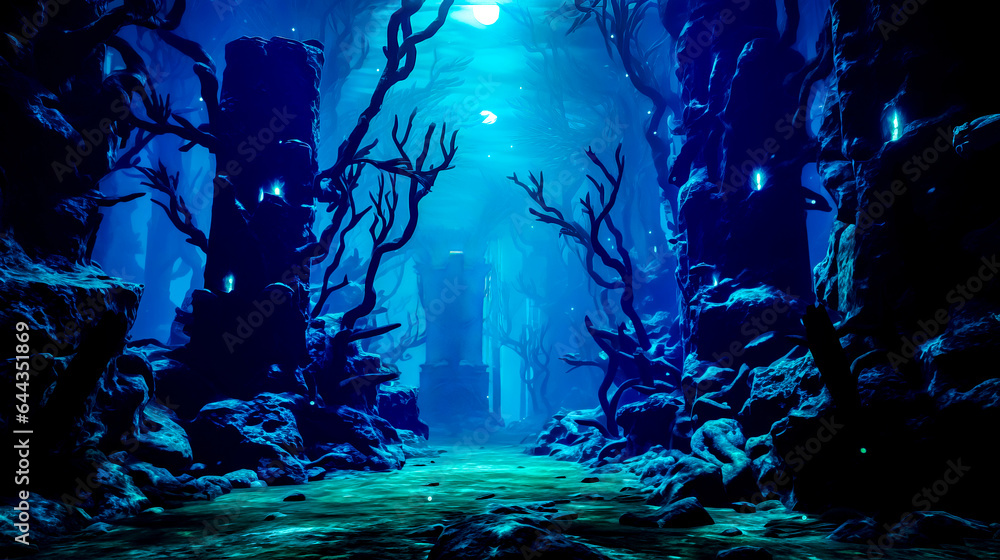 Poster underwater scene with trees and rocks and light at the end of the tunnel.