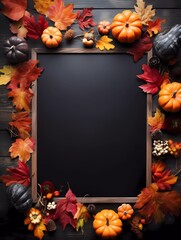 Autumn Halloween decorations signboard background. Pumpkins and autumn orange leafs on a dark background. Autumn Holiday Halloween. Generative AI