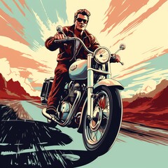 Hipster motorcyclist in sunglasses rides a vintage motorcycle. illustration. AI generated Image