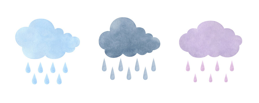 A set of watercolor clouds with raindrops isolated on a white background, hand-drawn. The texture of watercolor on paper. An element for design and decoration. Torrential rain. Multicolored clouds.