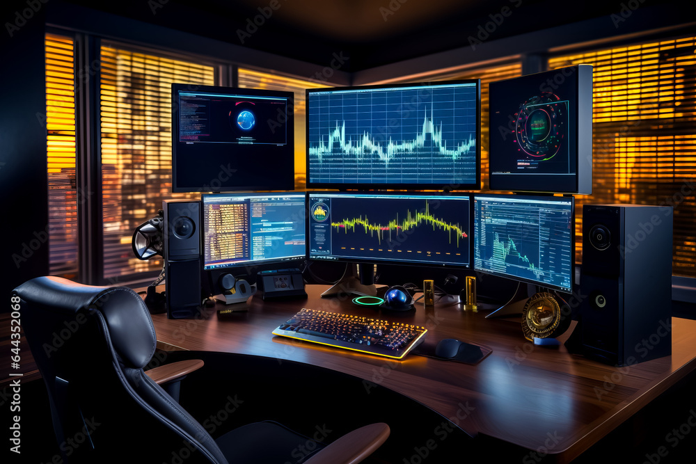 Poster desk with lot of monitors and keyboard on top of it.