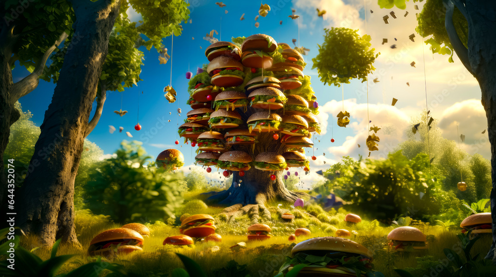 Poster tree made of hamburgers in the middle of field of grass.