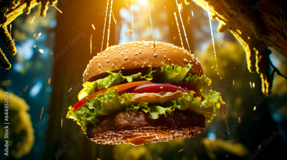Poster hamburger hanging from string with lettuce, tomato and lettuce on it.
