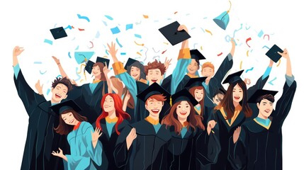 Happy students celebrating graduation. Cheerful young men and women in academic gowns and hats holding diplomas and rejoicing. Vector illustration. AI generated Image