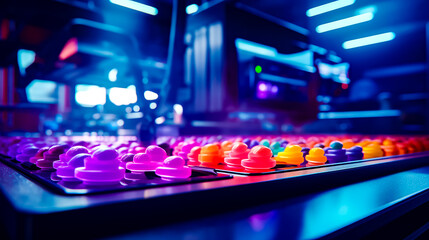 Row of colorful plastic cups sitting on top of conveyor belt.