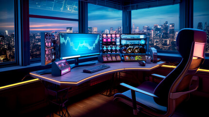 Desk with computer monitor, keyboard, mouse and other electronic equipment.