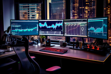 Desk with three computer monitors and keyboard on it in front of cityscape.