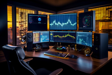 Desk with lot of monitors and keyboard on top of it.