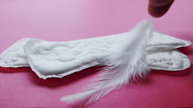 Two women's panty liners and a feather on a pink background. The concept of lightness and comfort for women during menstruation with modern pads, close-up