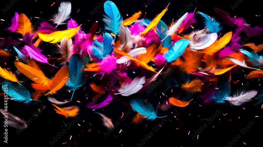 Poster bunch of colorful feathers floating in the air with confetti scattered around them.