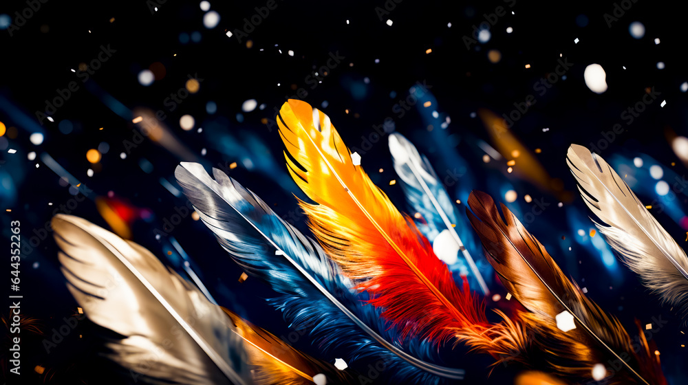 Aufkleber group of colorful feathers floating on top of black surface in the air.