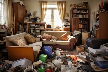 Disordered and dirty living room in a modern home. Cluttered and chaotic apartment. Generative AI - obrazy, fototapety, plakaty