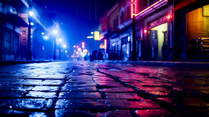 Wet street at night with neon sign on the building next to it. - obrazy, fototapety, plakaty