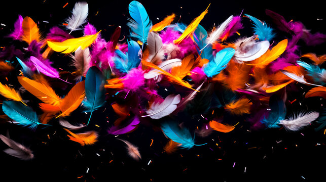 Bunch of colorful feathers floating in the air with confetti scattered around them.