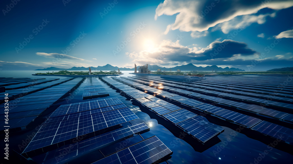 Poster large array of solar panels in the middle of large body of water.