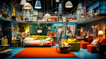 Fototapeta premium Living room filled with lots of furniture and fire escape in the background.