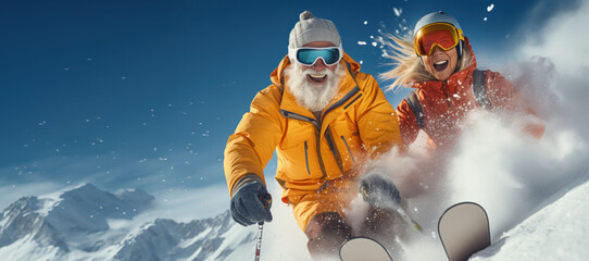 A lively couple enjoys a ski resort getaway, experiencing the excitement of winter sports. - obrazy, fototapety, plakaty