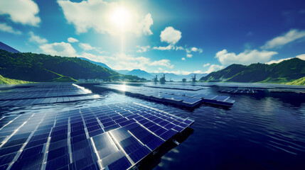Group of solar panels floating on top of lake under blue sky.