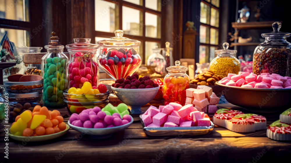 Poster table topped with lots of different types of candies and candy bars.