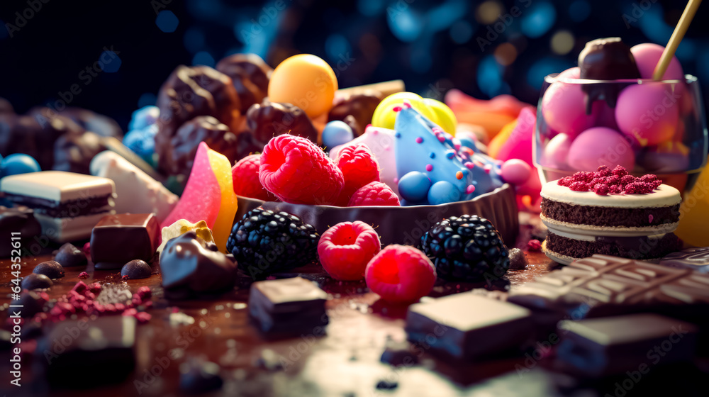 Poster table topped with lots of different types of candies and chocolates.