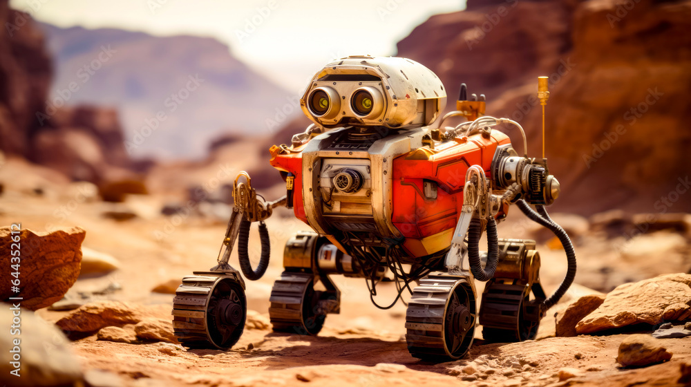 Poster robot that is standing in the dirt with camera attached to it.