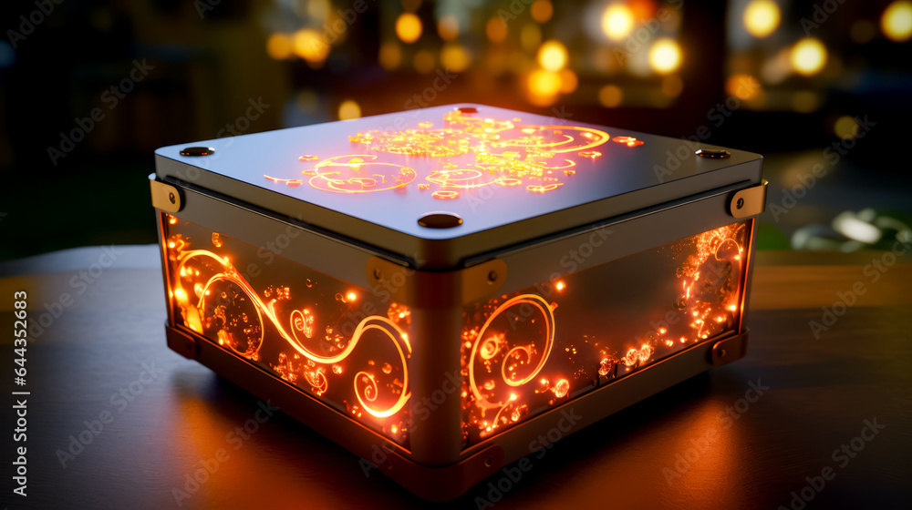 Poster close up of lit up box on table with blurry lights in the background.
