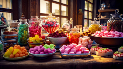 Table topped with lots of different types of candies and candy bars.