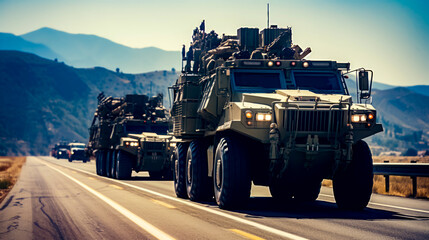 Military vehicles driving down road with mountains in the background. - Powered by Adobe
