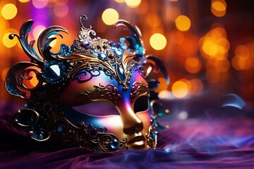 Macro view of a vibrant masquerade mask placed on an illuminated tabletop, featuring a blurred backdrop. Generative AI