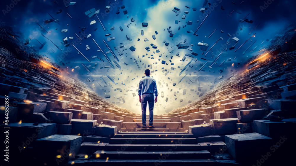 Aufkleber man standing on steps in front of sky filled with falling books.