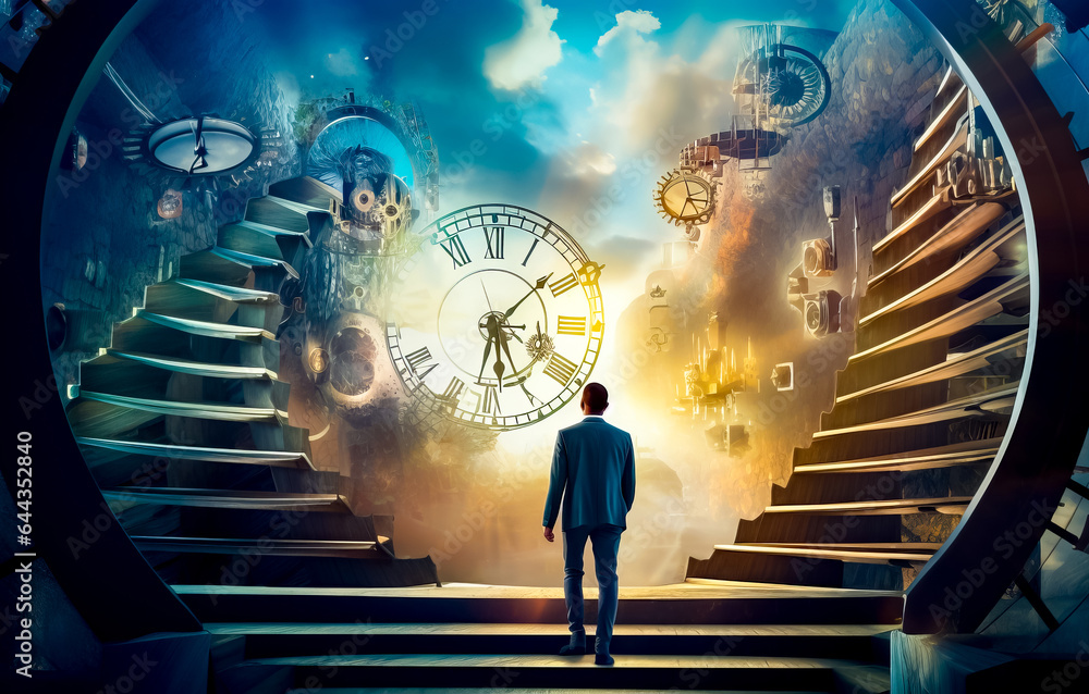 Poster man in suit looking at surreal scene with clock on the wall.