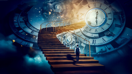 Man standing on stair case in front of staircase with clock in the background. - obrazy, fototapety, plakaty